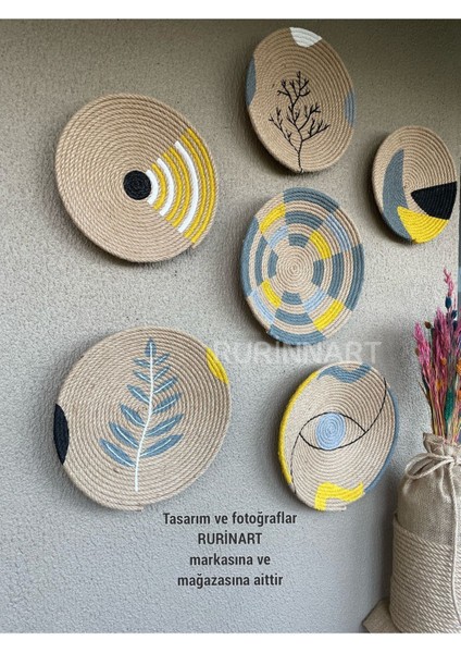 El Yapımı 6lı Soyut Tasarım Gri Sarı Beyaz Renkli Bohem/boho Hasır Duvar Tabağı Seti/afrikan Tabak modelleri