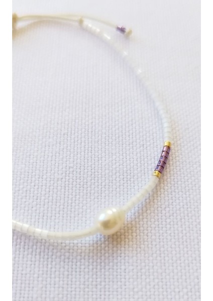 Miyuki Tek Sıra Beyaz ve Bakır Renkli Incili Bileklik