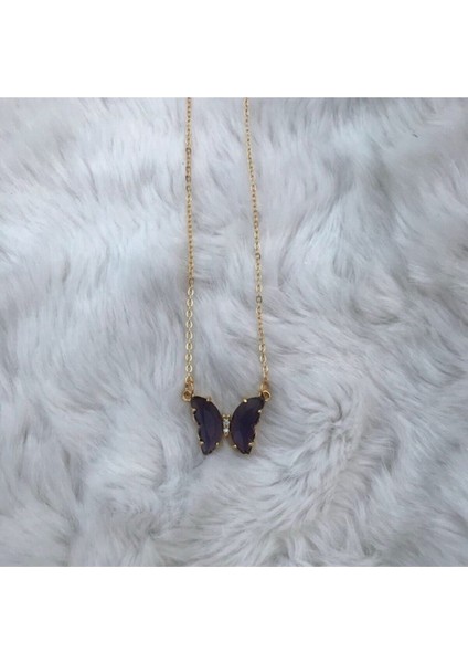 Cam Mor Kelebek Altın Kaplama Kolye