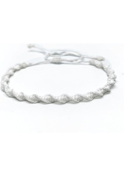 Beyaz Düz Renk Sarmal Model Makrome Örgü Unisex Bileklik