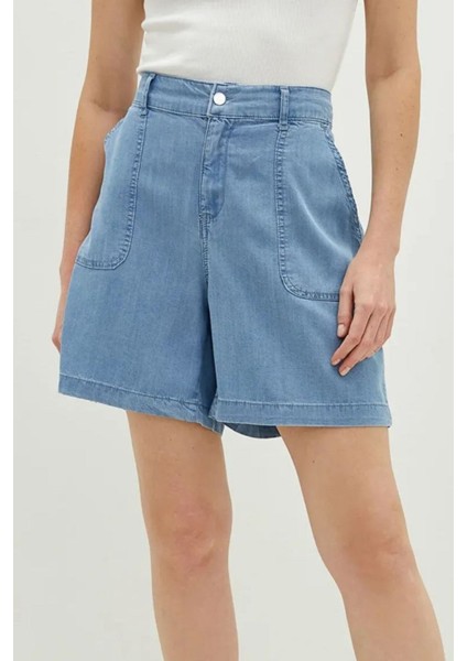 Kadın Yüksek Bel Açık Mavi Jean Etek Görünümlü Şort – Cepli, Rahat Kesim Yazlık Denim