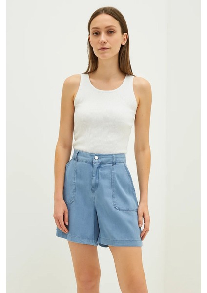 Kadın Yüksek Bel Açık Mavi Jean Etek Görünümlü Şort – Cepli, Rahat Kesim Yazlık Denim fiyatları