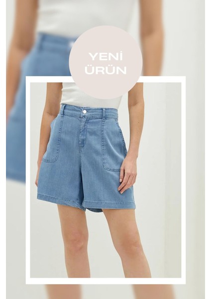 Kadın Yüksek Bel Açık Mavi Jean Etek Görünümlü Şort – Cepli, Rahat Kesim Yazlık Denim fırsatları