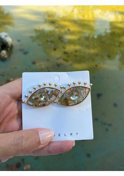 Mermer Desenli Kirpikli Göz Bej Küpe