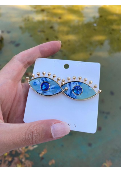 Mermer Desen Kirpikli Göz Mavi Küpe