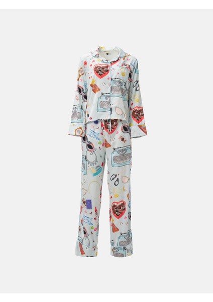 Saten Uzun Kollu Gecelik Memory Desen Alt Üst Takım