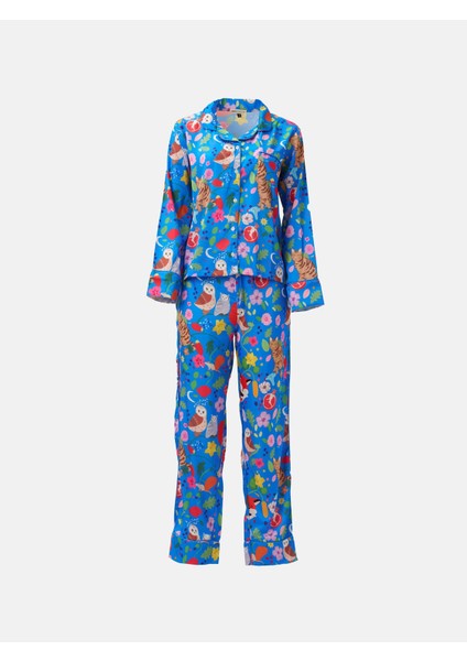 Saten Uzun Kollu Gecelik Florus Desen Alt Üst Takım