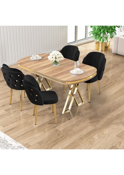 Zae Serisi 90X168 Lak Panel Hazar Gold Ayak Masa Takımı 4 Siyah Sandalye