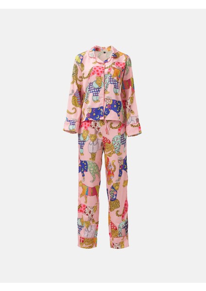 Saten Uzun Kollu Gecelik Leopashion Desen Alt Üst Takım