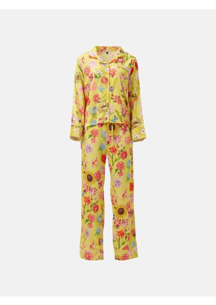 Saten Uzun Kollu Gecelik Rose Desen Alt Üst Takım