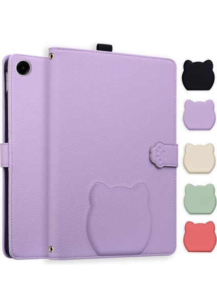 Samsung Galaxy Tab A9 Kedi Derisi Dokulu Litchi Deri Tablet Kılıfı (Yurt Dışından)