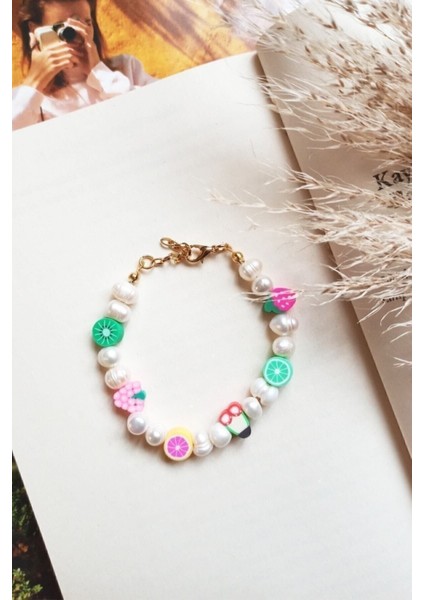 Kadın Beyaz Meyveli Fimo Boncuk Bileklik
