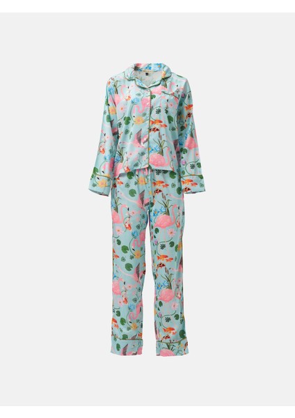 Saten Uzun Kollu Gecelik Flamora Desen Alt Üst Takım