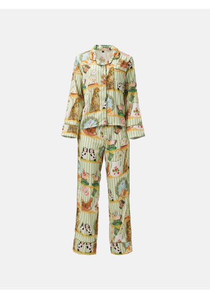 Saten Uzun Kollu Gecelik Antik Desen Alt Üst Takım