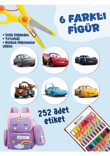Okul Etiketi SUDAN ETKİLENMEZ, Kalem Defter Etiketi Şimşek Araba Temalı Özel Isim Yazılabilen Etiket - 252ADET fiyatları