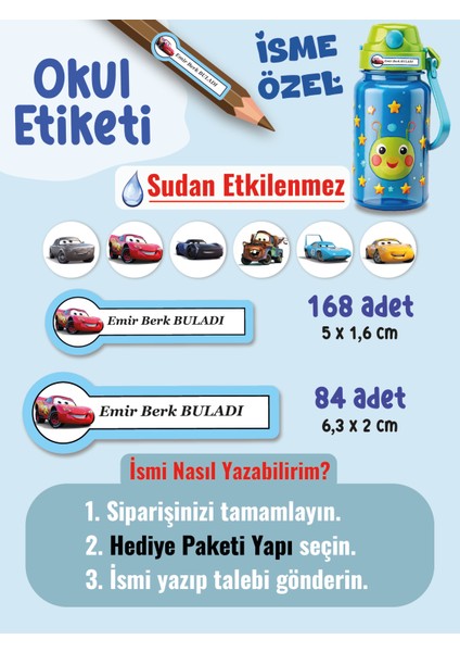 Okul Etiketi SUDAN ETKİLENMEZ, Kalem Defter Etiketi Şimşek Araba Temalı Özel Isim Yazılabilen Etiket - 252ADET