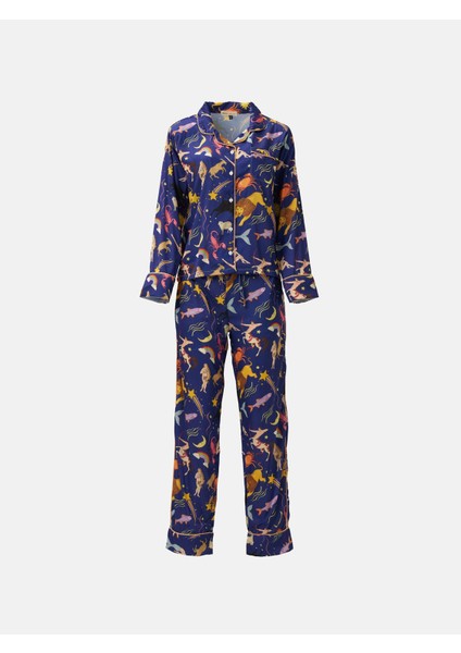 Saten Uzun Kollu Gecelik Star Sign Desen Alt Üst Takım