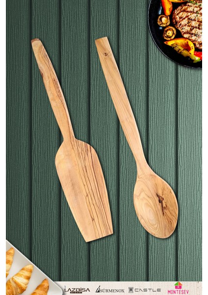 Zeytin Ağacı Ahşap Tahta Kaşık Spatula Seti 2 Parça