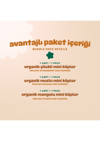 Organik Glutensiz Vegan Muzlu Çilekli ve Mangolu Mini Küpler Atıştırmalık Paketi - 3 Adet (3 Çeşit) modelleri