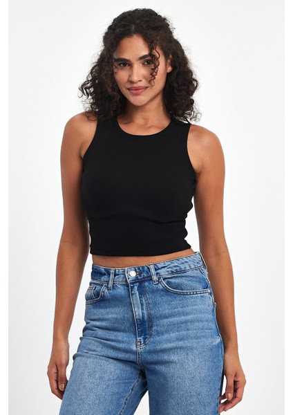 Kadın Siyah Fitilli Görünümlü Askılı Kalın Esnek Örme Basic Crop Atlet Bluz fiyatları