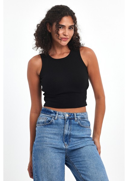 Kadın Siyah Fitilli Görünümlü Askılı Kalın Esnek Örme Basic Crop Atlet Bluz fırsatları