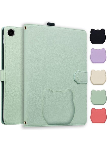 Samsung Galaxy Tab A9 Kedi Derisi Dokulu Litchi Deri Tablet Kılıfı (Yurt Dışından)