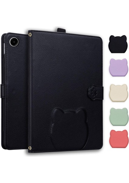 Samsung Galaxy Tab A9 Kedi Derisi Dokulu Litchi Deri Tablet Kılıfı (Yurt Dışından)