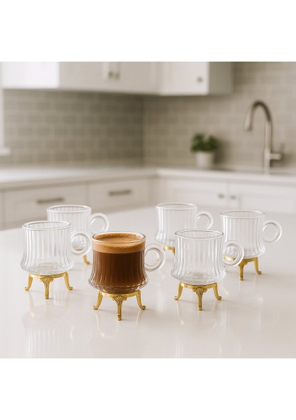 Gold Metal Ayaklı Line Çizgi Desen Cam Türk Kahvesi-Espresso Fincan Seti – 6 Adet