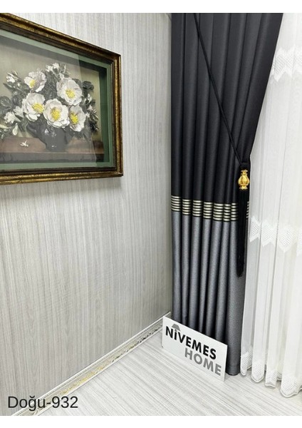Nivemeshome Doğu Siyah- Gold FT671536 V-932 1/3 Sık Pileli Fon Perde Apm