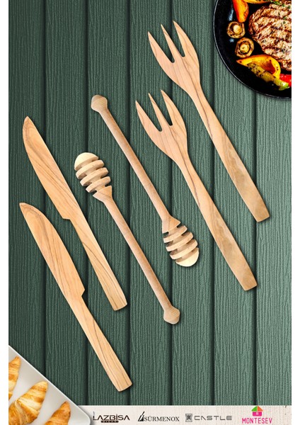 Zeytin Ağacı 6 Parça Ahşap Tahta Bal Reçel Kaşığı Kahvaltı Çatalı Kahvaltı Bıçağı