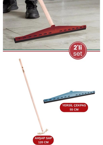 2’li Yersil ve Ağaç Sapı Temzlik Seti, Çekpas Çekçek Çeksil Yersil 55 cm + Vidalı Ağaç Sap 120 cm