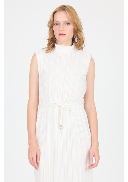 Beyaz Şifon Kolsuz Pileli Bel Bağlamalı Midi Elbise 118 modelleri