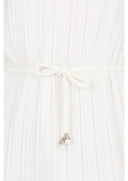 Beyaz Şifon Kolsuz Pileli Bel Bağlamalı Midi Elbise 118 fırsatları