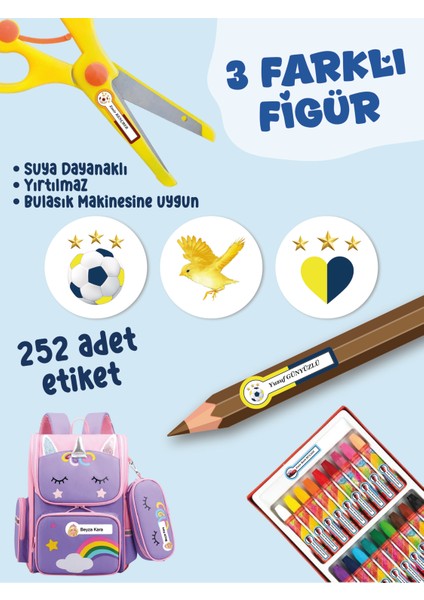 Okul Etiketi SUDAN ETKİLENMEZ, Kalem Defter Etiketi Sarı Lacivert Takım Temalı Özel Isim Yazılabilen Etiket - 252ADET modelleri