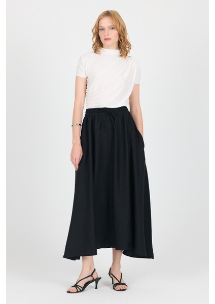 Siyah Pamuklu Çan Kesim Bağcıklı Uzun Etek 8024