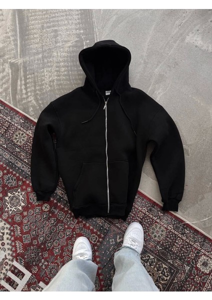 Oversize Tam Fermuarlı Uzun Kol Hırka - Siyah fırsatları