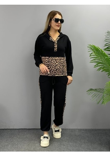 Kadın Uzun Kollu Leopar Detay Sweat ve Yanı Leopar Şerit Detay Pantolon Ikili Takım