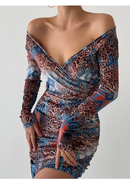 Kadın Uzun Kollu V Yaka Leopar Etnik Desen Fırsat Ürün Mini Kruvaze Elbise fiyatları