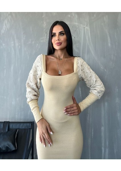 Kadın Kare Yaka Kolları Manşet ve Tül Detay Fırsat Ürün Midi Boy Elbise