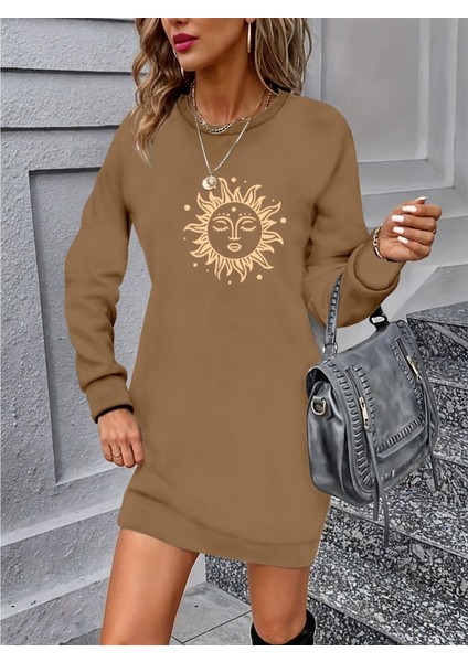 Kadın Uzun Kollu Bisiklet Yaka Güneş Desenli Viskon Iki Iplik Elbise fırsatları