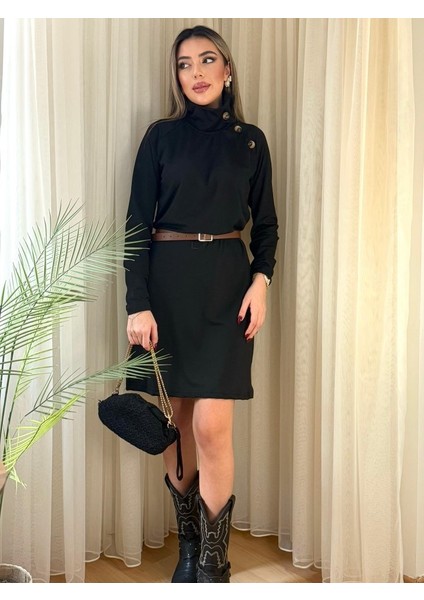 Kadın Uzun Kollu Balıkçı Yaka Düğme Detaylı Kısa Şardonlu Dalgıç Elbise fırsatları