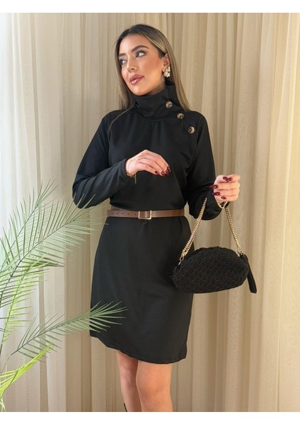 Kadın Uzun Kollu Balıkçı Yaka Düğme Detaylı Kısa Şardonlu Dalgıç Elbise