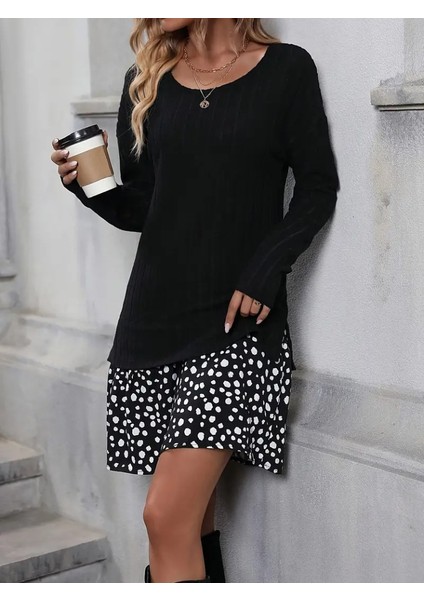 Kadın Uzun Kollu Bisiklet Yaka Şardonlu Kaşkorse Bluz ve Süprem Etek