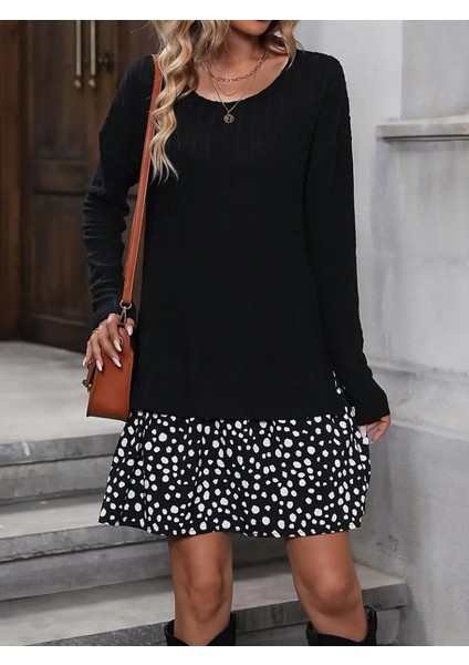 Kadın Uzun Kollu Bisiklet Yaka Şardonlu Kaşkorse Bluz ve Süprem Etek