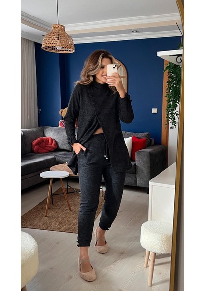 Kadın Uzun Kollu Balıkçı Yaka Önden Düğmeli Bluz ve Pantolon Yumoş Ikili Takım