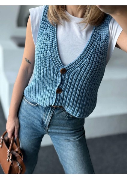Triko Kolsuz Düğmeli Yelek - Mavi