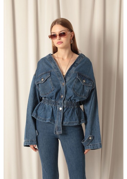 Denim Kumaş Beli Lastikli Kadın Mavi Kot Ceket fiyatları