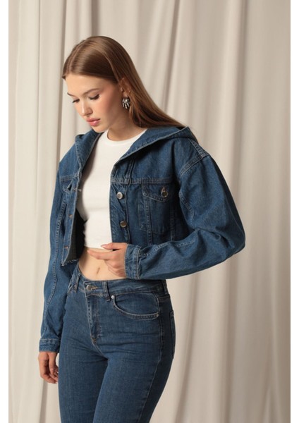 Denim Kumaş Kapüşonlu Kısa Kadın Lacivert Kot Ceket fiyatları