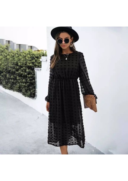 Kadın Uzun Kollu Astar Detay Fırsat Ürün Ponpon Şifon Elbise