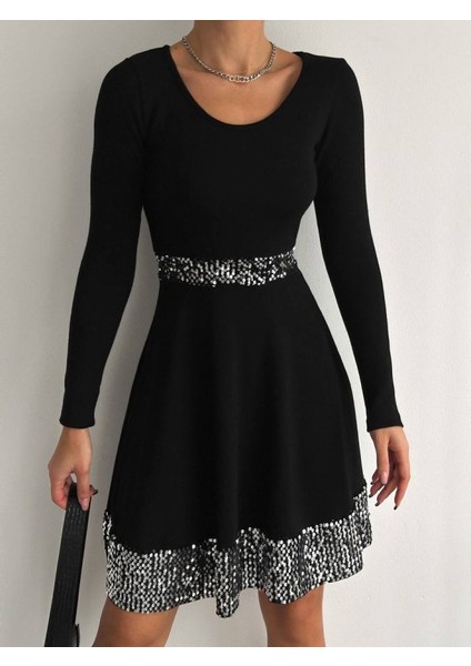 Kadın Bisiklet Yaka Beli ve Eteği Pul Payet Detay Fırsat Ürün Diz Üstü Elbise